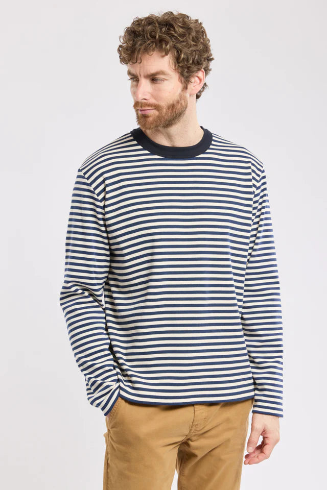 Armor Lux Long Sleeved Striped T-Shirt in Marine Deep & Milk
