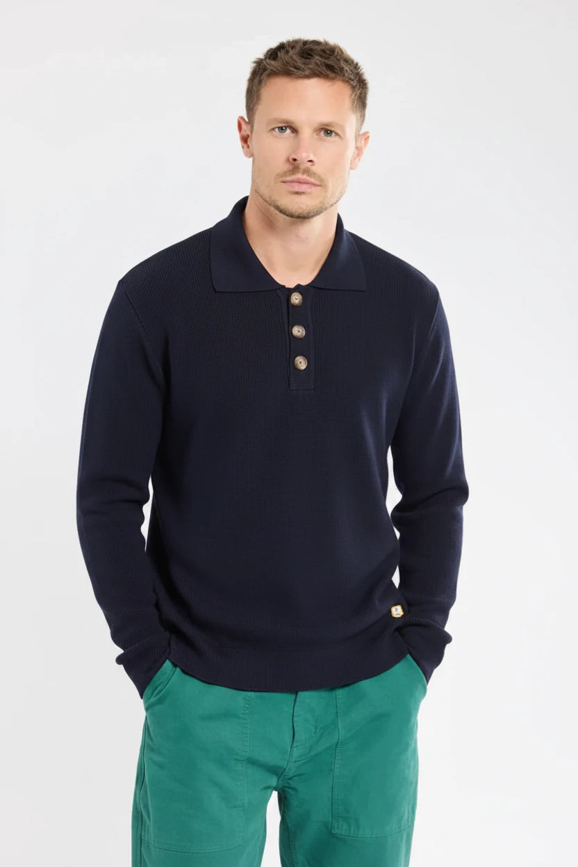 Armor Lux Button Down Collared Sweater in Marine Deep