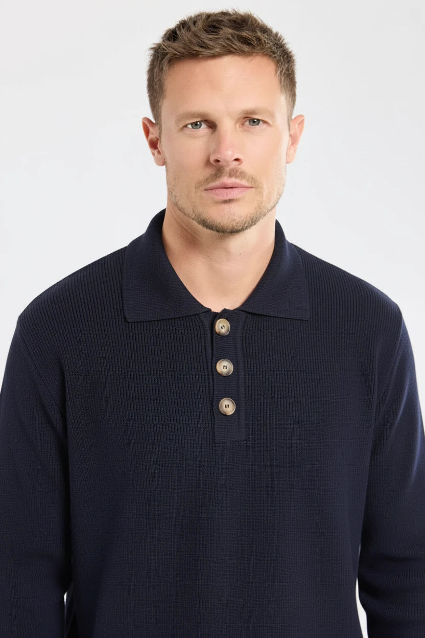 Armor Lux Button Down Collared Sweater in Marine Deep