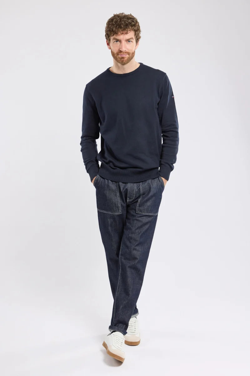 Armor Lux Cotton Linen Crew Neck Jumper in Navy