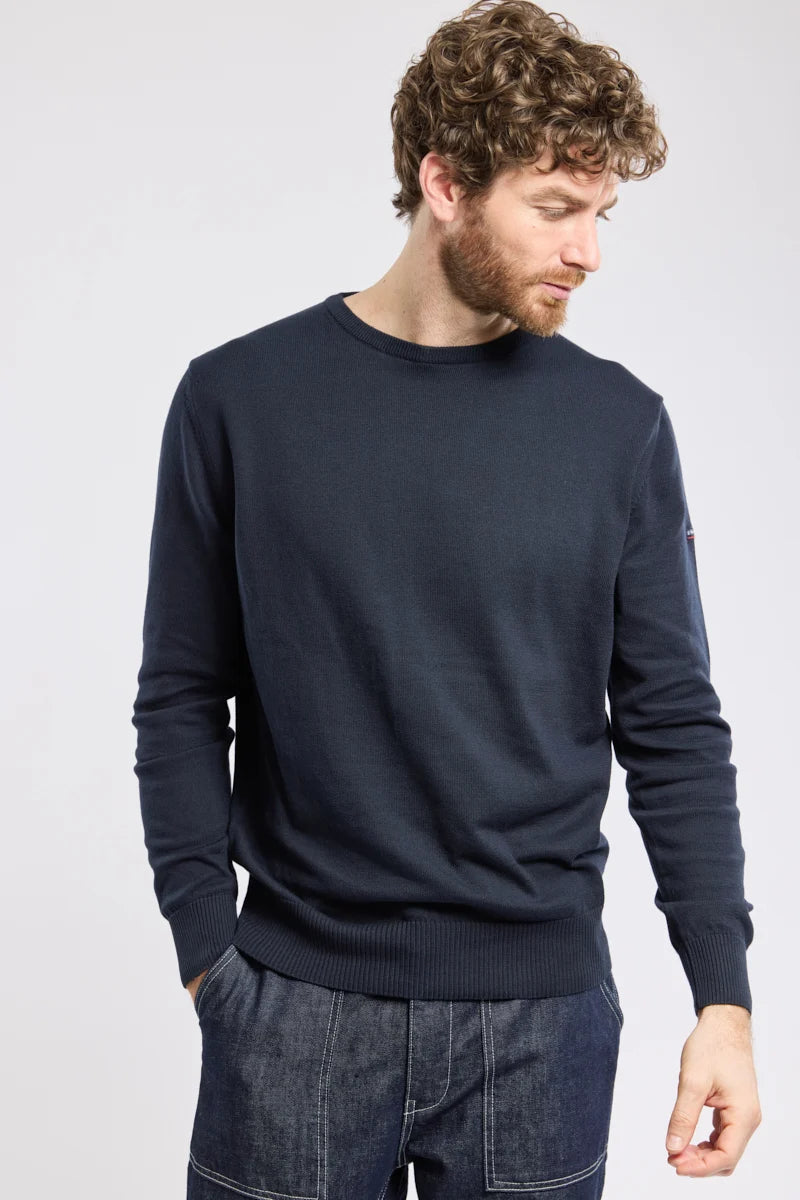 Armor Lux Cotton Linen Crew Neck Jumper in Navy