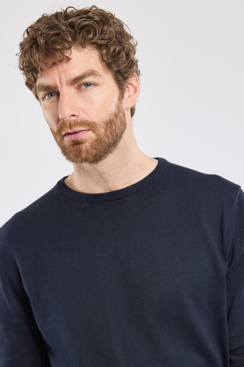 Armor Lux Cotton Linen Crew Neck Jumper in Navy