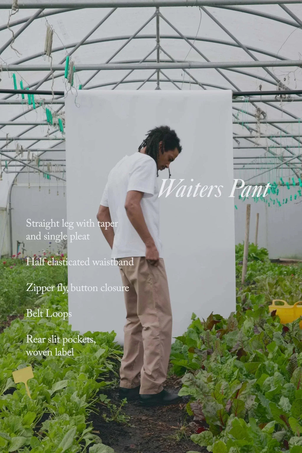 Service Works Twill Waiter Pants in off white with tapered ankle and half-elastic waistband made from organic cotton twill