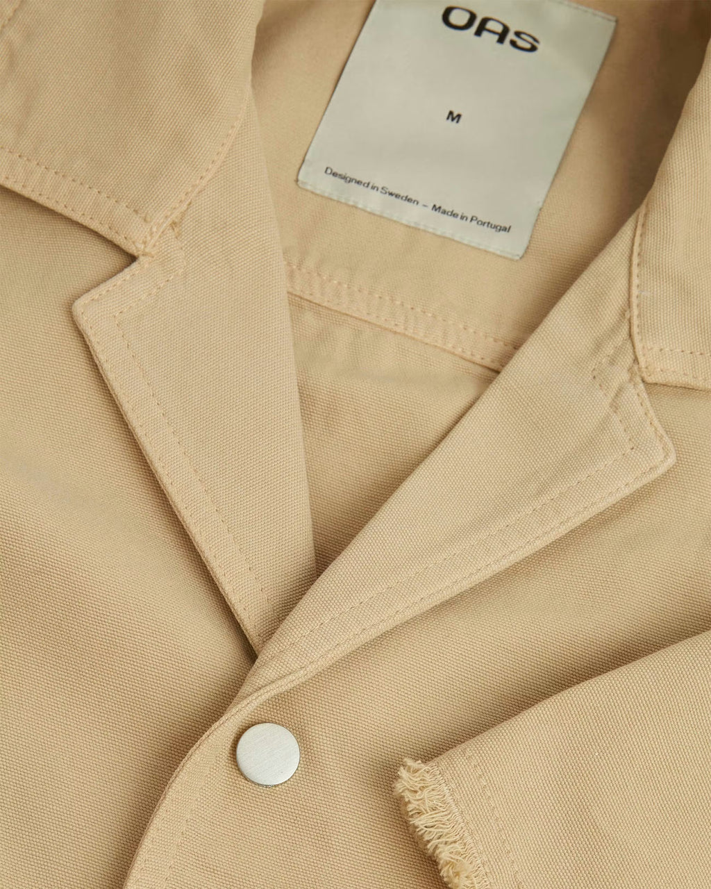 OAS Latte Bodega cotton linen canvas shirt with resort collar and relaxed boxy fit in muted latte tone