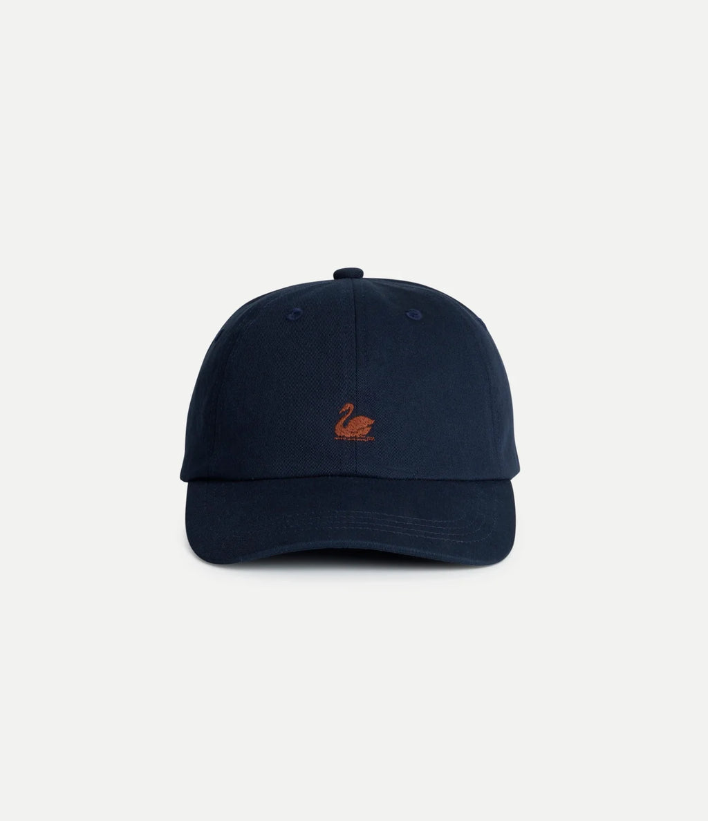 Merz b. Schwanen Swan Logo Cotton Twill Cap in Night Blue/Nut