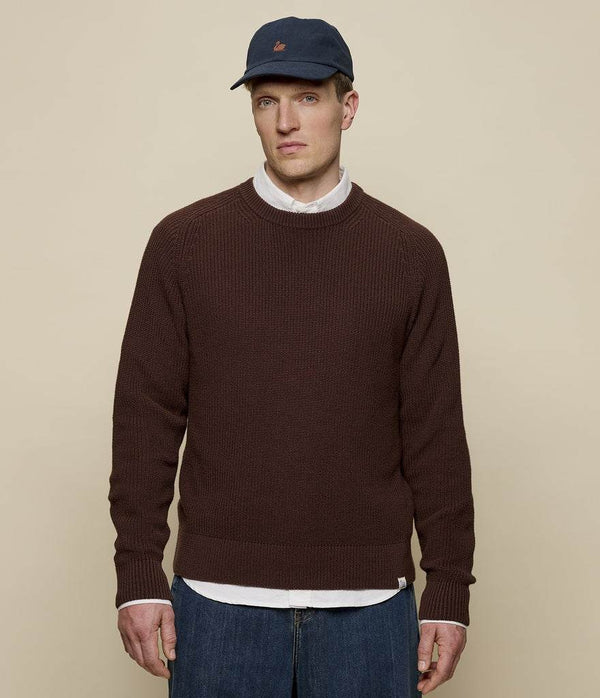 Merz B. Schwanen men's chocolate ribbed cotton knit crew neck pullover with raglan sleeves