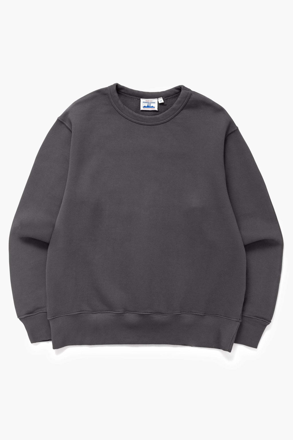 Power Goods Loopback Crewneck sweatshirt in washed black organic cotton with elastic cuffs and crewneck design