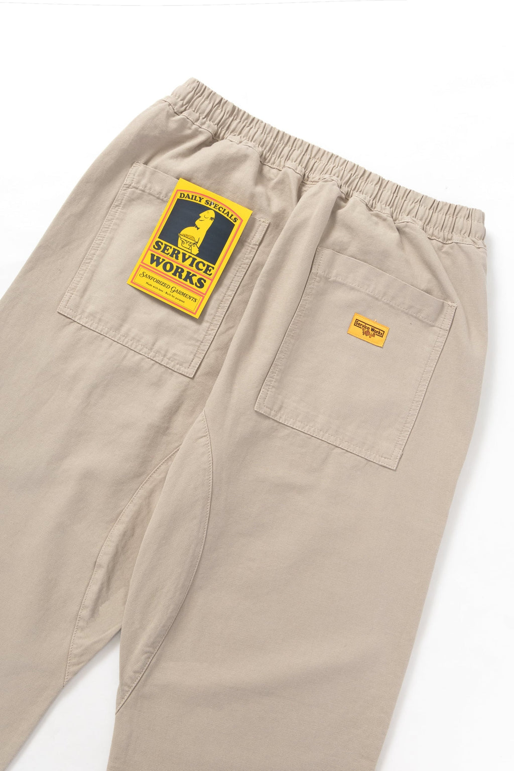 Service Works Classic Chef Pants in stone organic cotton with elasticated waist and fatigue pockets