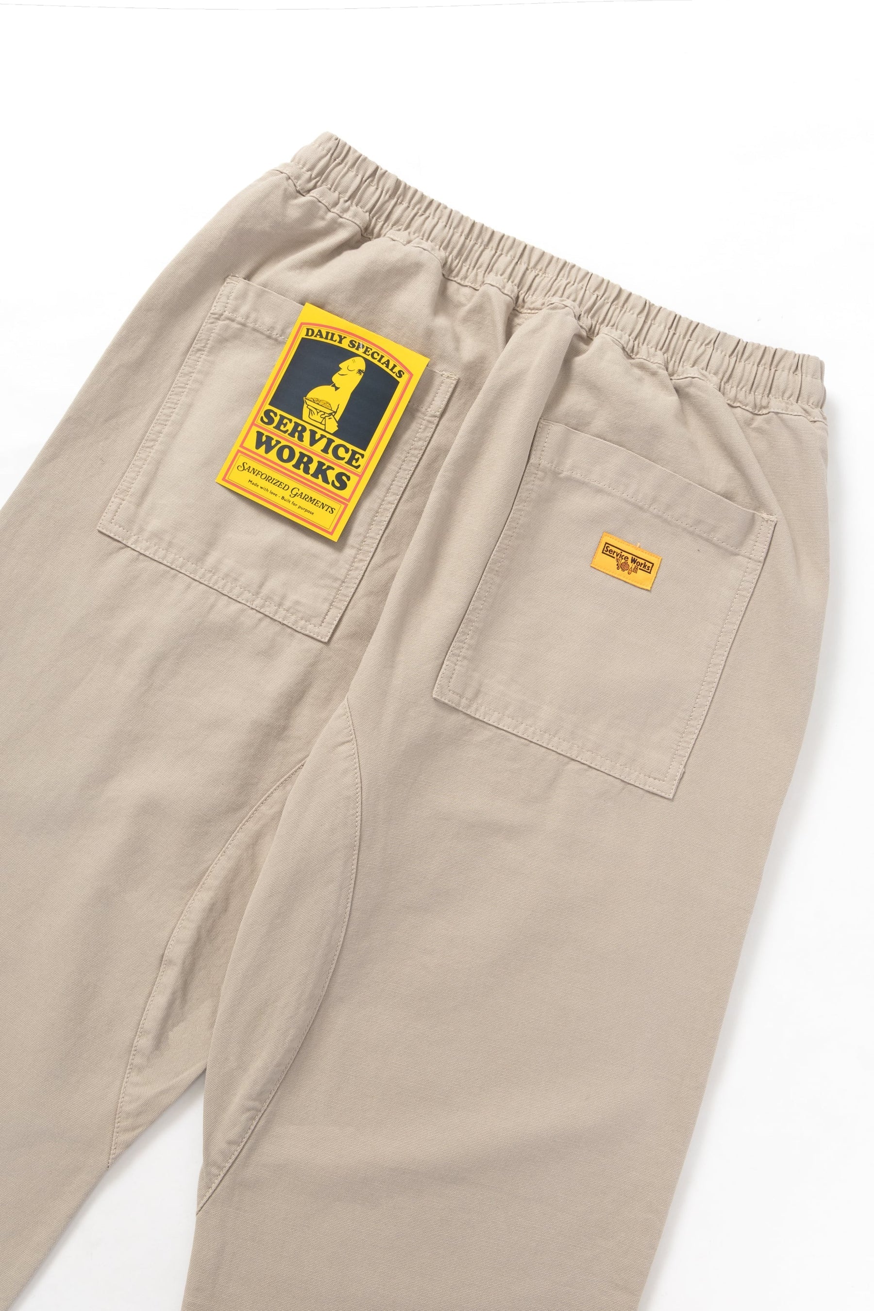 Service Works Classic Chef Pants in stone organic cotton with elasticated waist and fatigue pockets