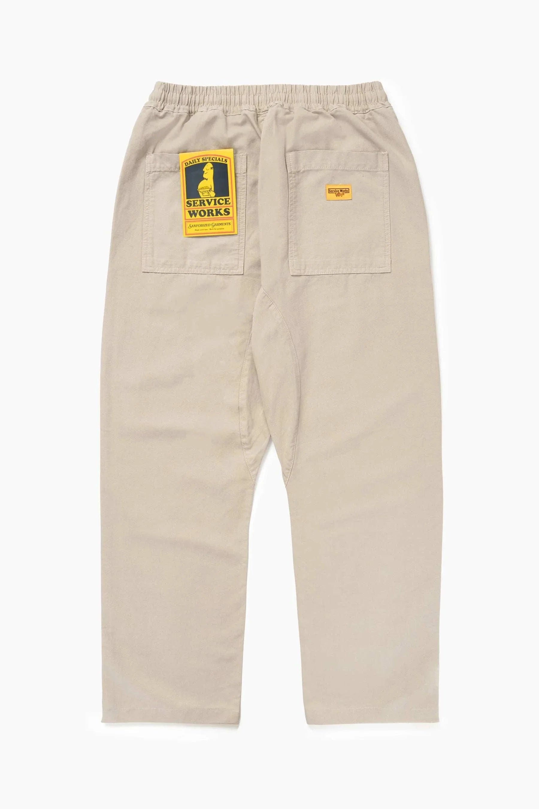 Service Works Classic Chef Pants in stone color with elastic waist and fatigue-style pockets