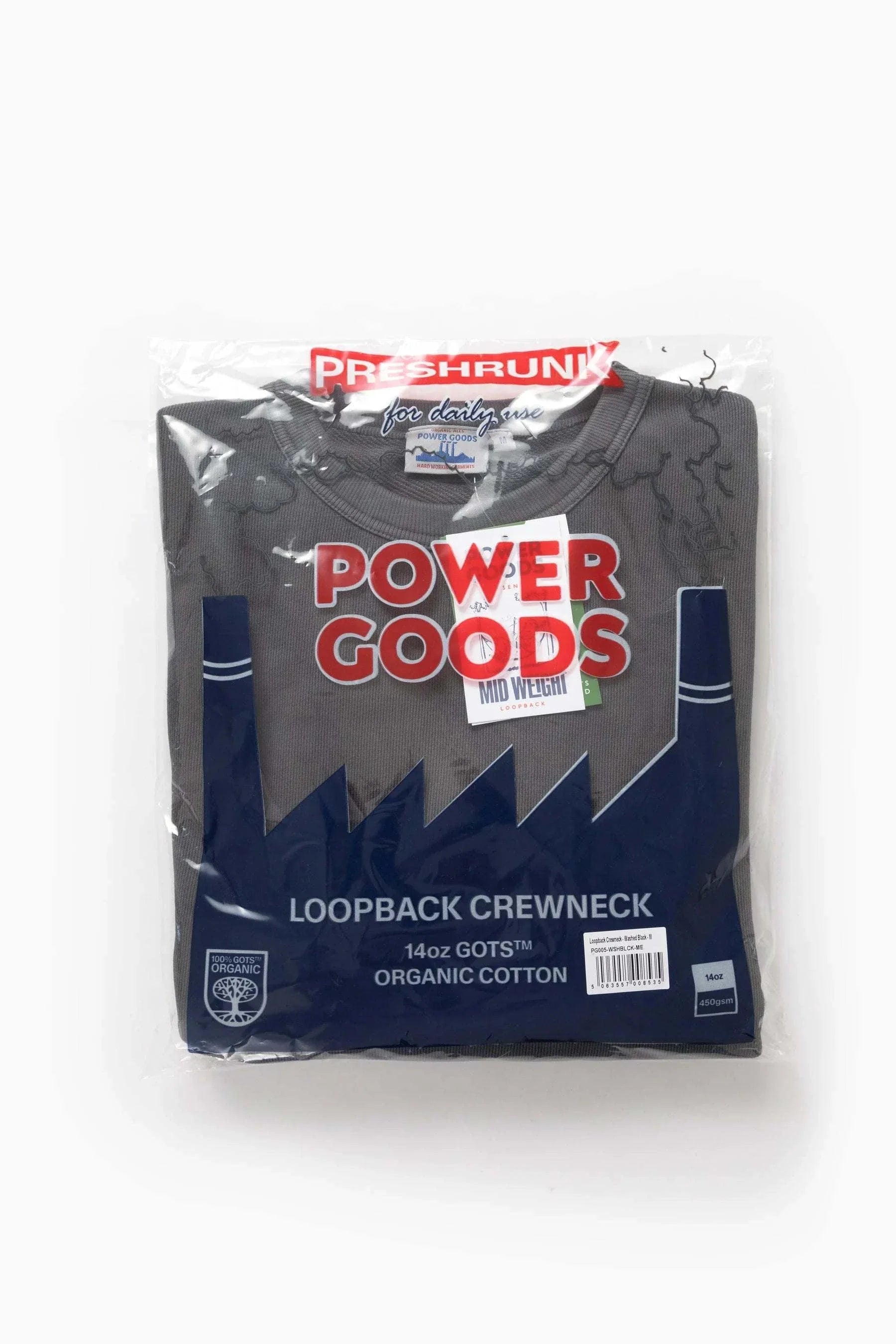 Power Goods Loopback Crewneck in Washed Black organic cotton sweatshirt with elastic cuffs and crew neckline
