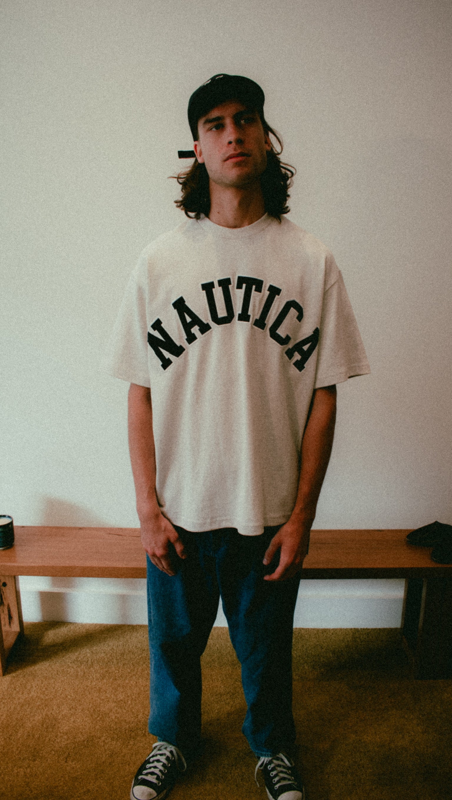 Nautica Japan Arch Logo Piece Dyed Tee in Light Gray