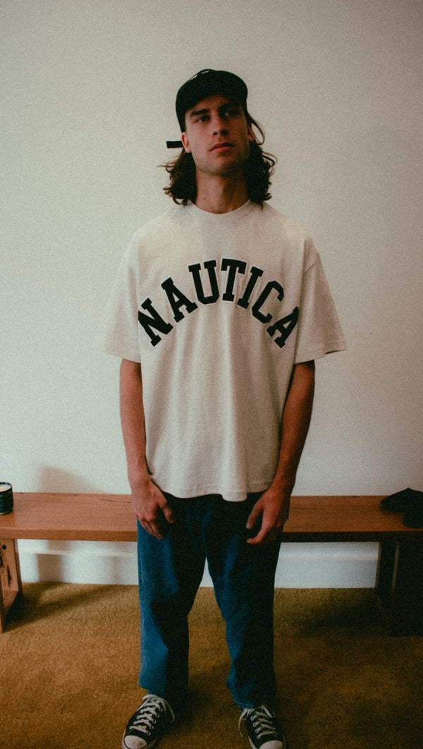 Nautica Japan Arch Logo Piece Dyed Tee in Light Gray