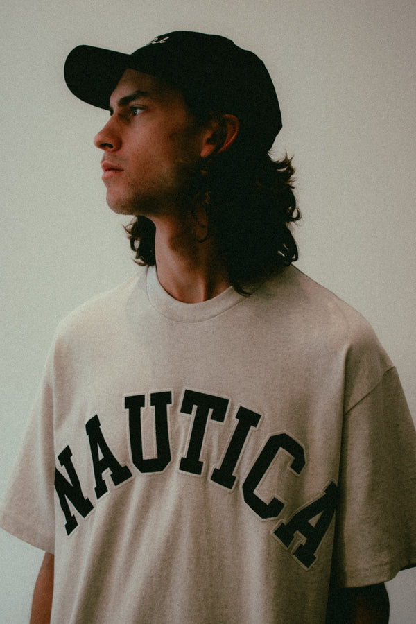 Nautica Japan Arch Logo Piece Dyed Tee in Light Gray
