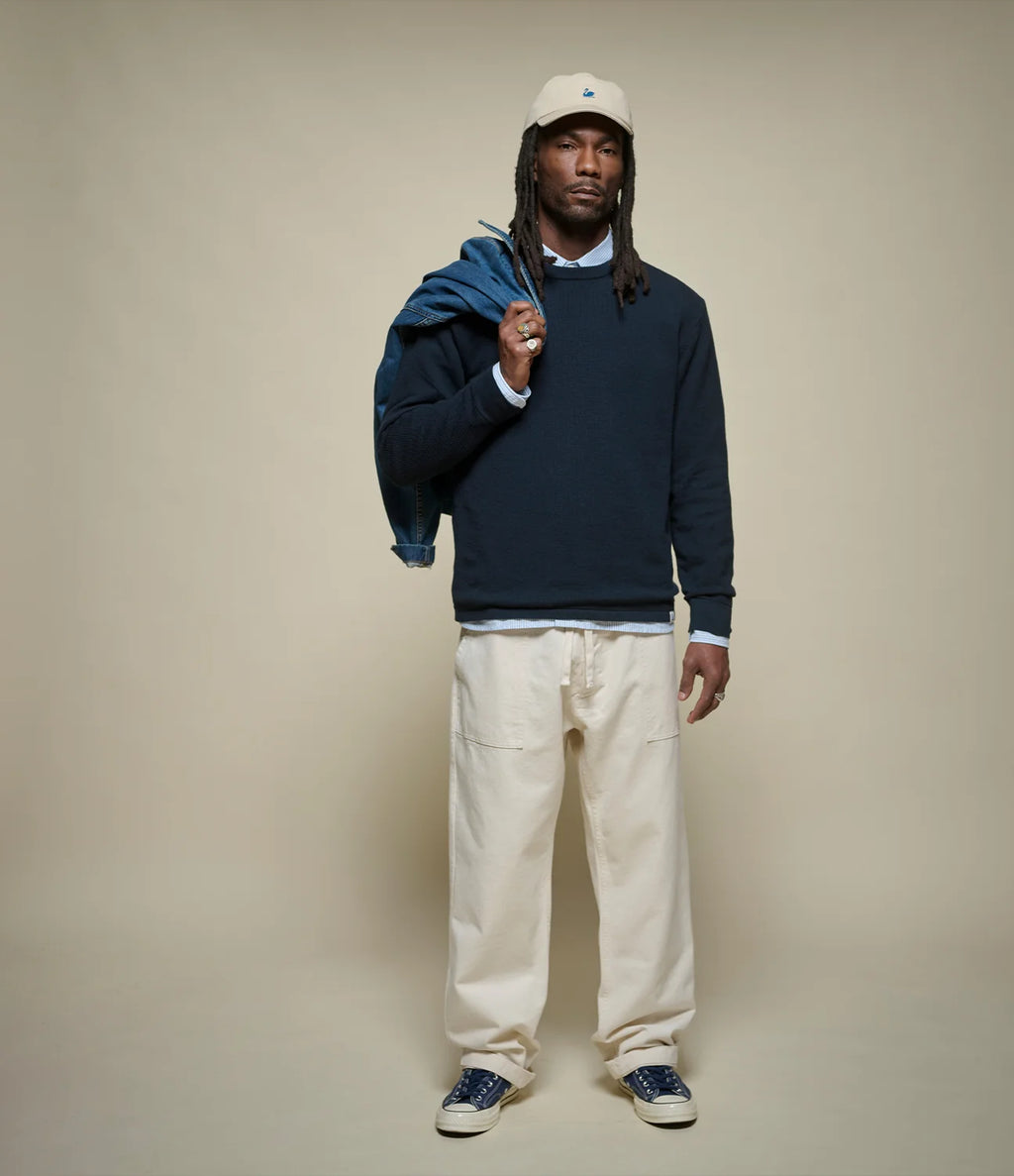 Merz b. Schwanen Lightweight Waffle Knit Sweater in Dark Navy