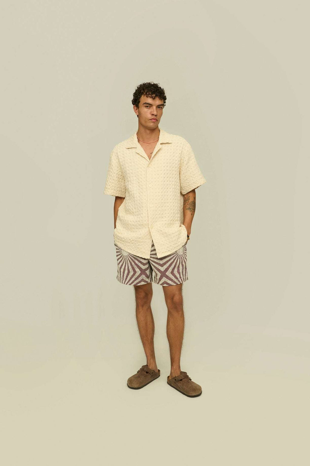 OAS Ecru Cuba Waffle Shirt made of undyed heavyweight cotton with Cuba collar and short sleeves