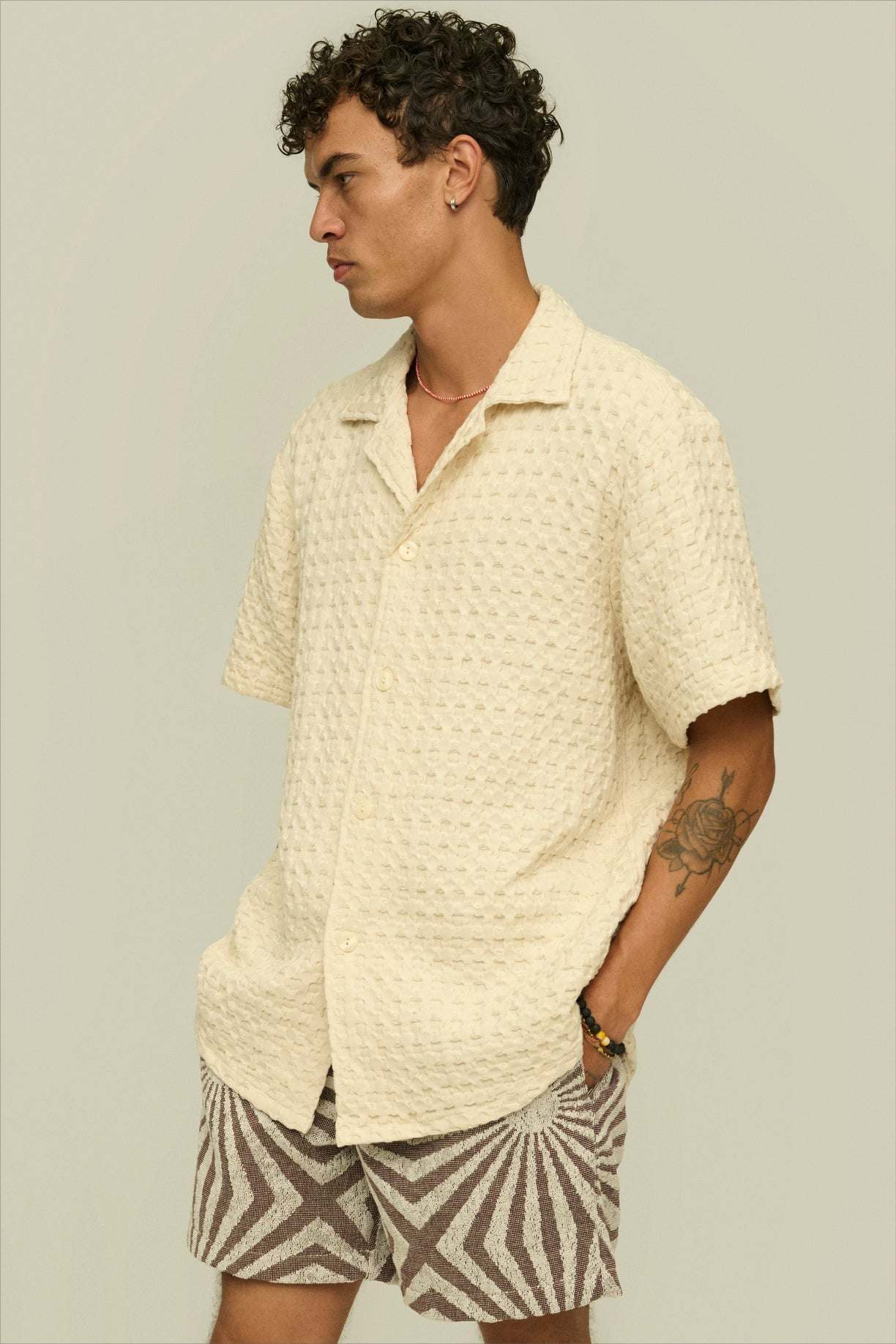OAS Ecru Cuba Waffle Shirt in natural undyed cotton with resort collar and short sleeves