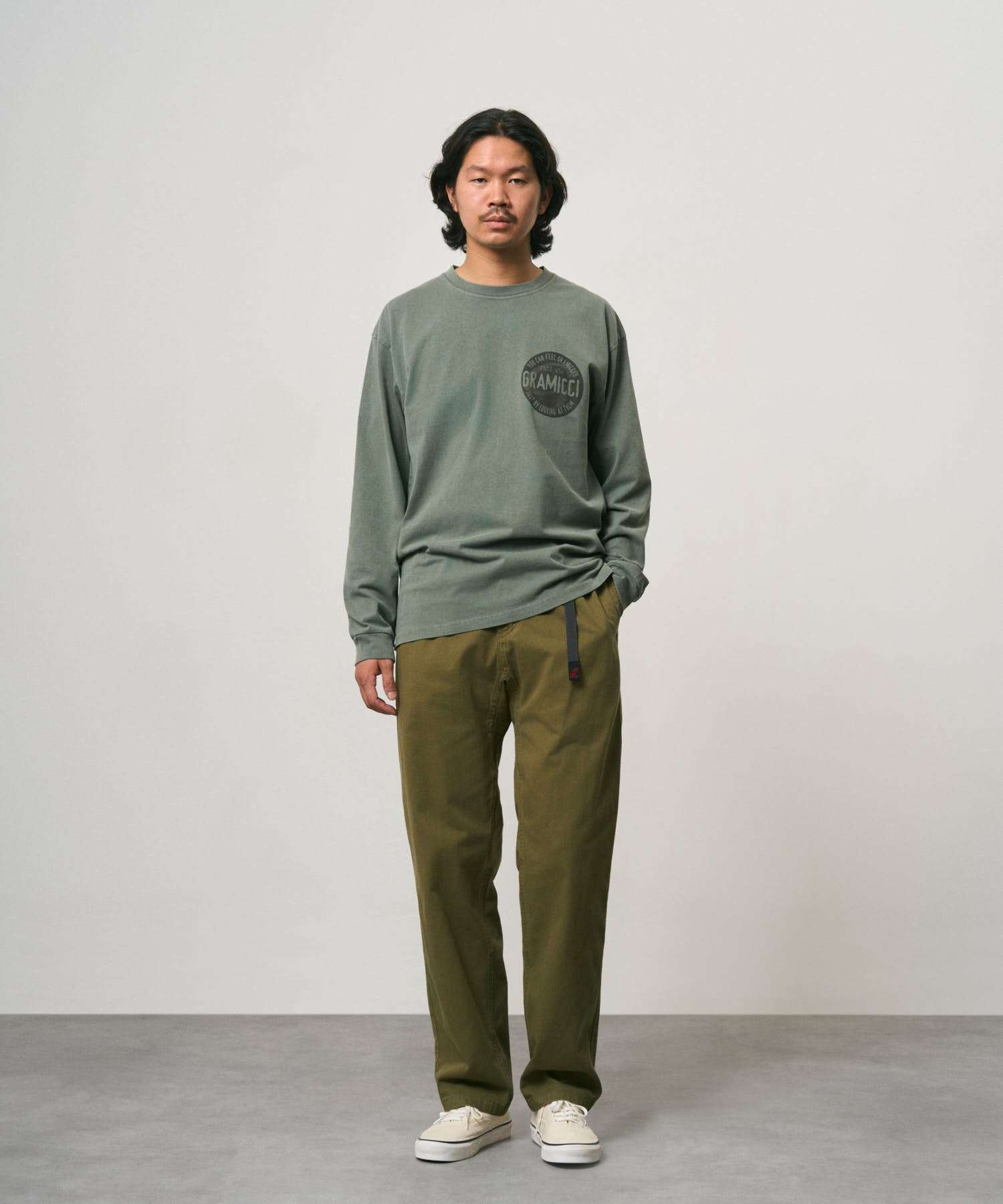 Gramicci G Pant in olive with webbing belt and gusseted crotch for movement