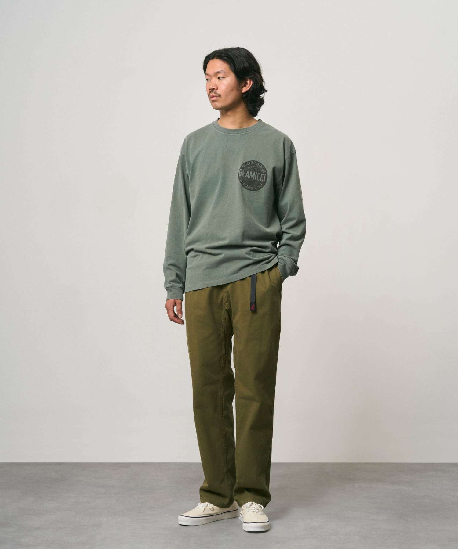 Gramicci G Pant in olive with webbing belt and gusseted crotch for comfort and mobility
