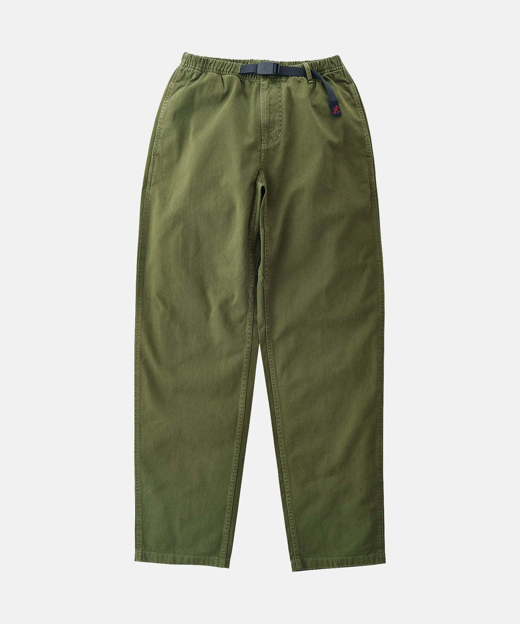 Gramicci G Pant in olive with webbing belt and gusseted crotch for flexible movement