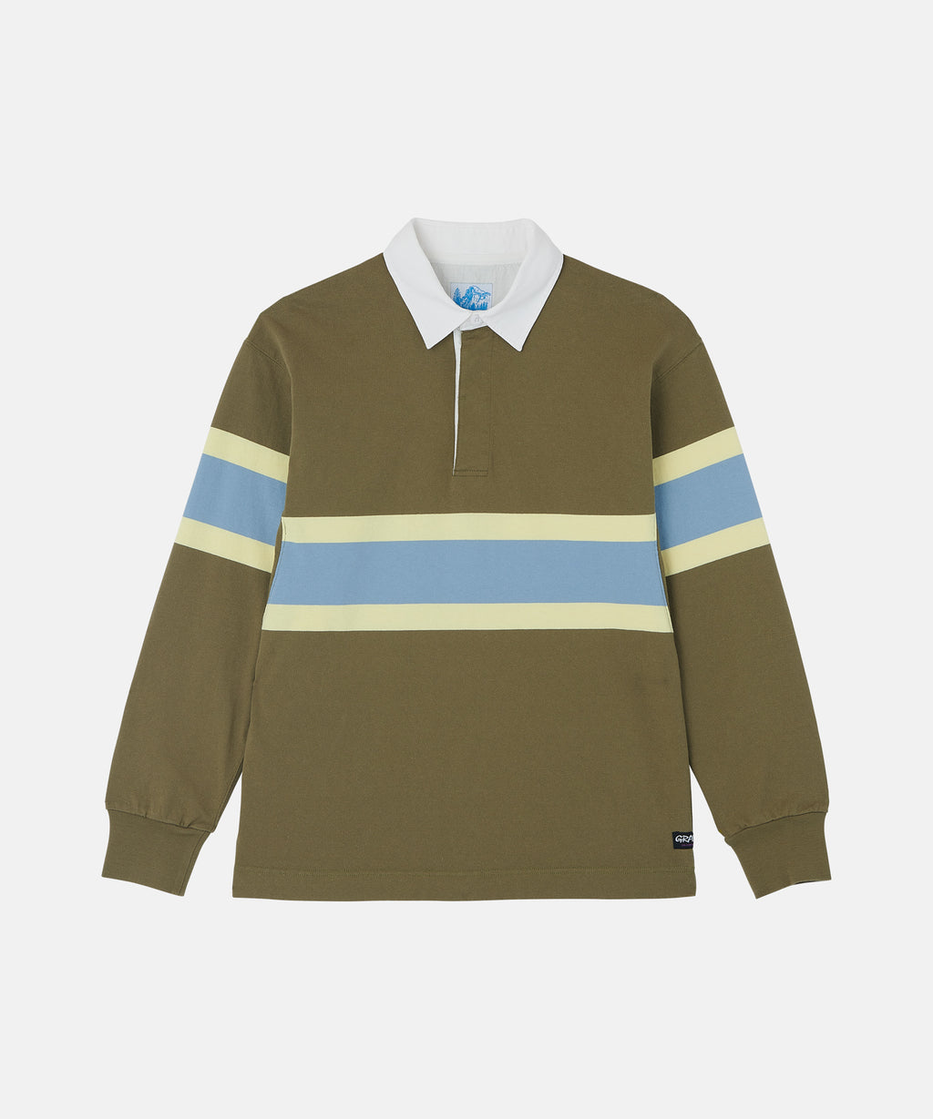 Brown rugby shirt with blue and yellow stripes on a white background