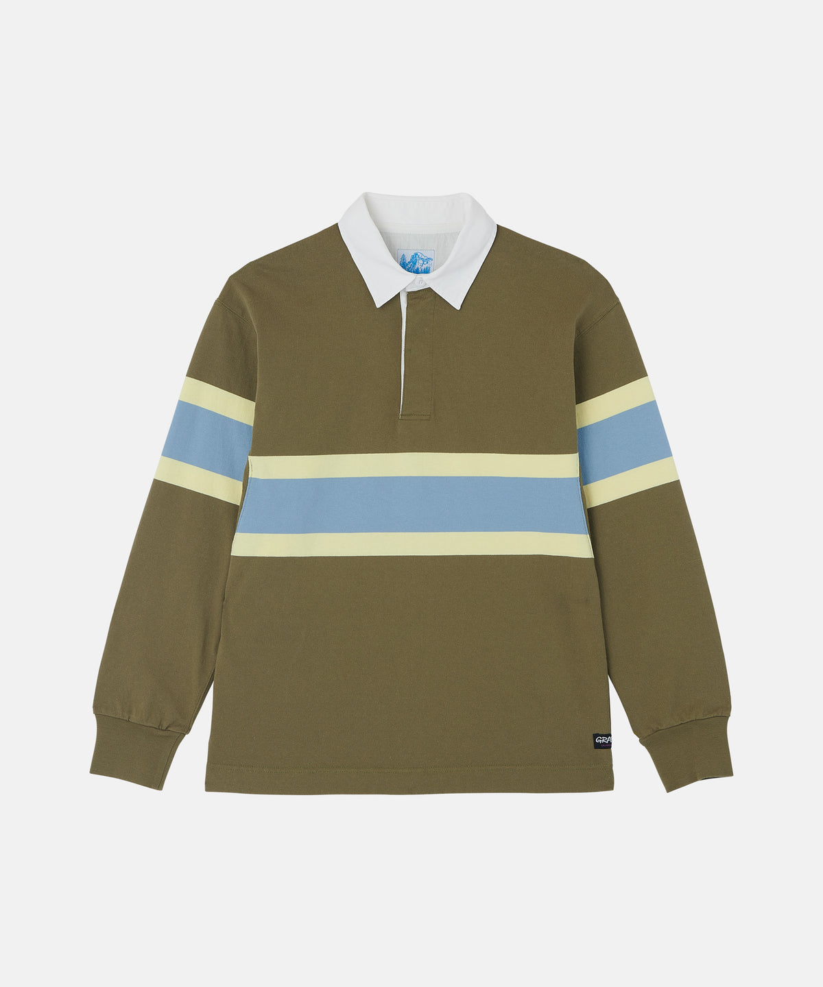 Brown rugby shirt with blue and yellow stripes on a white background