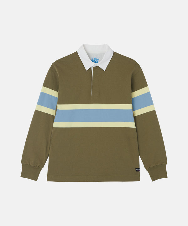 Brown rugby shirt with blue and yellow stripes on a white background