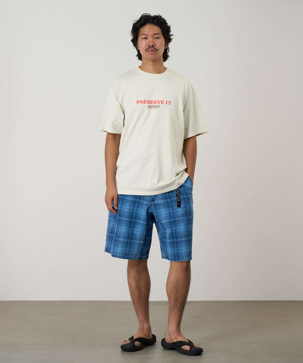Gramicci Footprints Tee in natural pigment organic cotton with climbing graphic