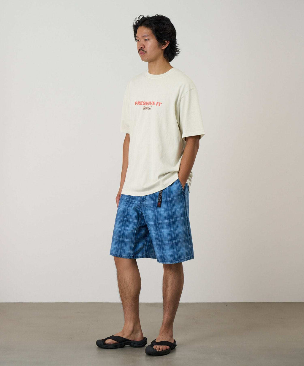 Gramicci Footprints Tee in natural pigment with organic cotton and printed climbing graphic