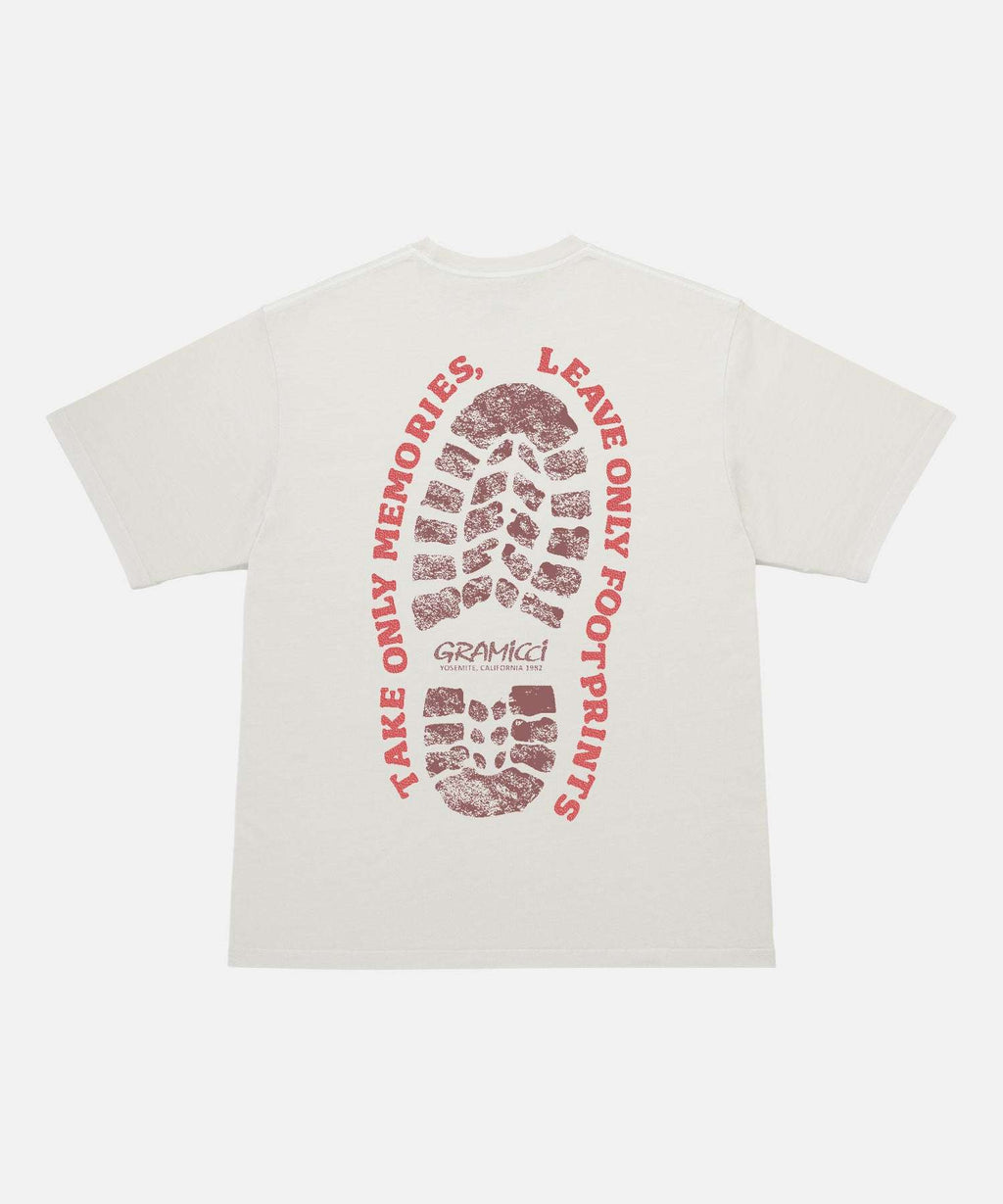 Gramicci Footprints Tee made from heavyweight organic cotton with outdoor graphic in natural pigment color