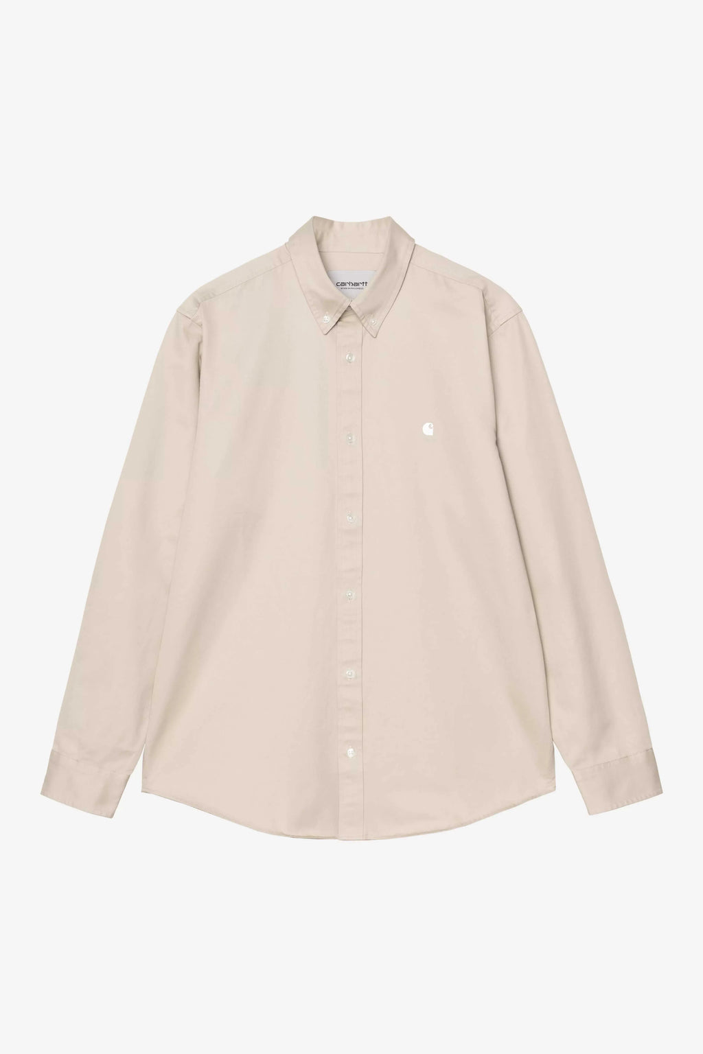 Carhartt WIP Long Sleeve Madison Shirt in stone and white with embroidered logo and curved hem