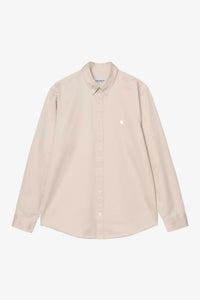 Carhartt WIP Long Sleeve Madison Shirt in stone and white with embroidered logo and curved hem