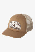 Carhartt WIP Take Off Trucker Cap in stone color with embroidered patch and curved peak