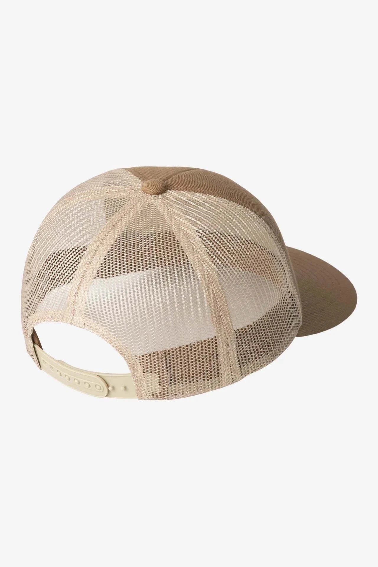 Carhartt WIP Take Off Trucker Cap in stone color with embroidered patch and curved peak