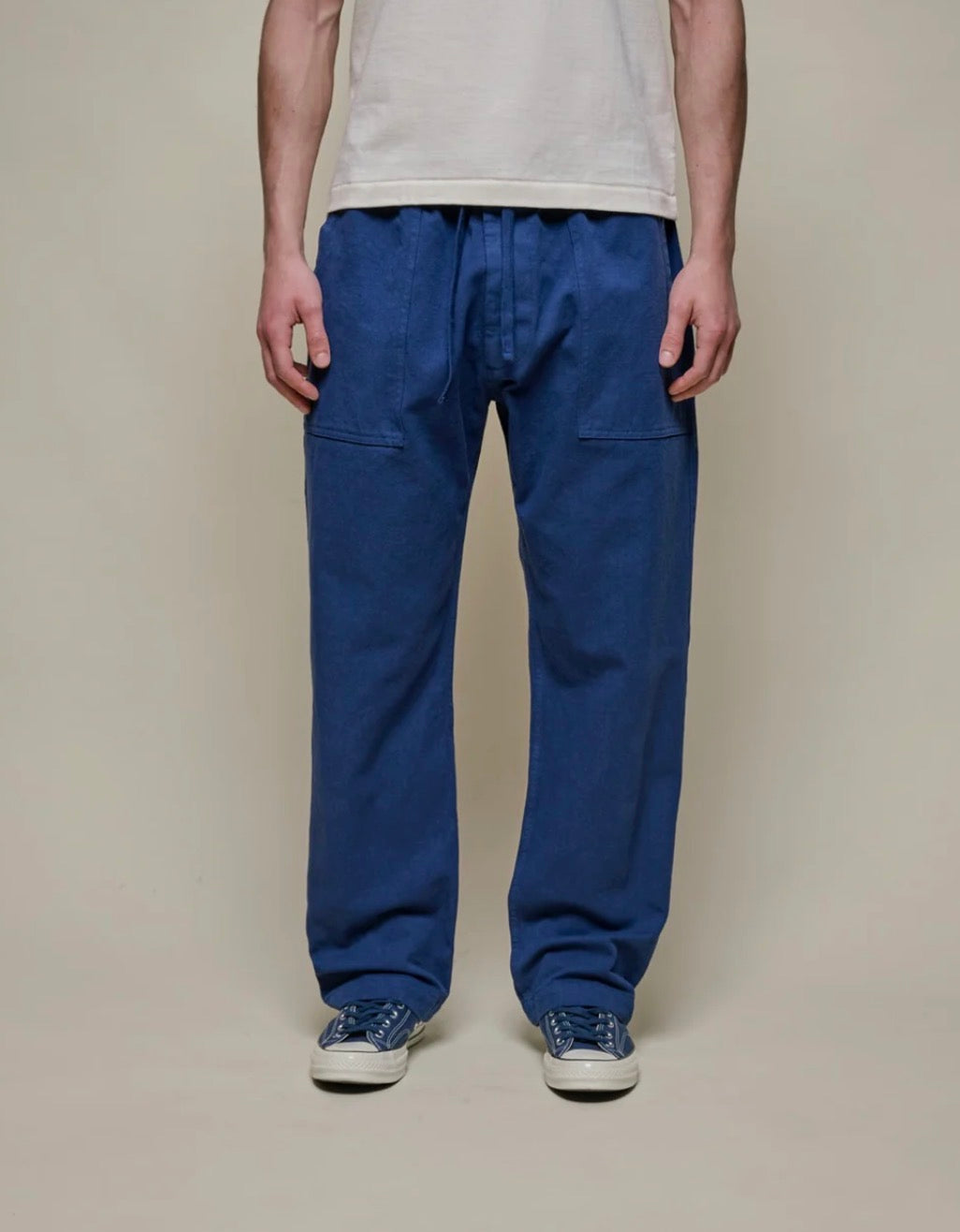 Merz b. Schwanen Workers's Cotton Twill Drawstring Pants in Ink Blue