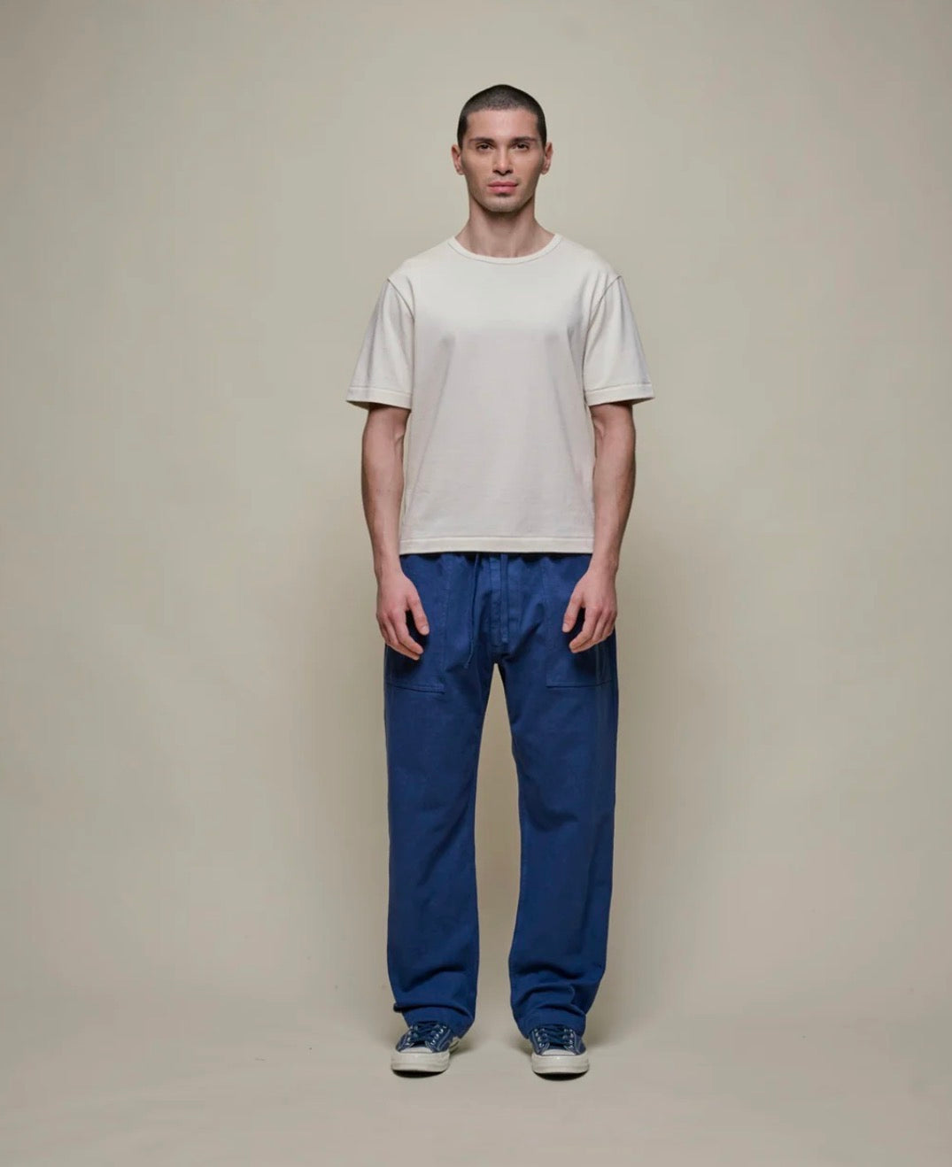 Merz b. Schwanen Workers's Cotton Twill Drawstring Pants in Ink Blue