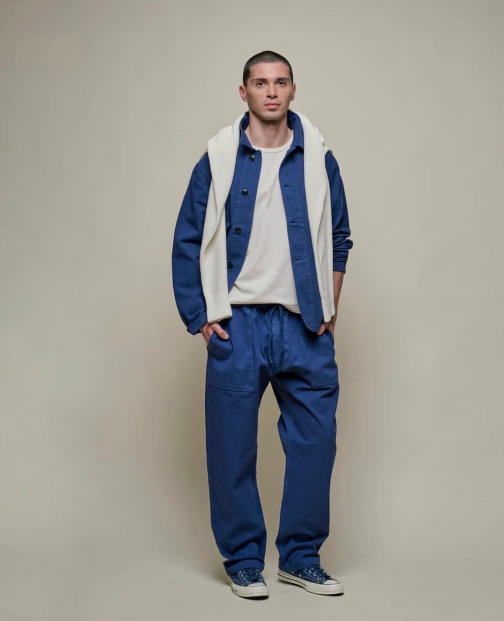 Merz b. Schwanen Workers's Cotton Twill Drawstring Pants in Ink Blue