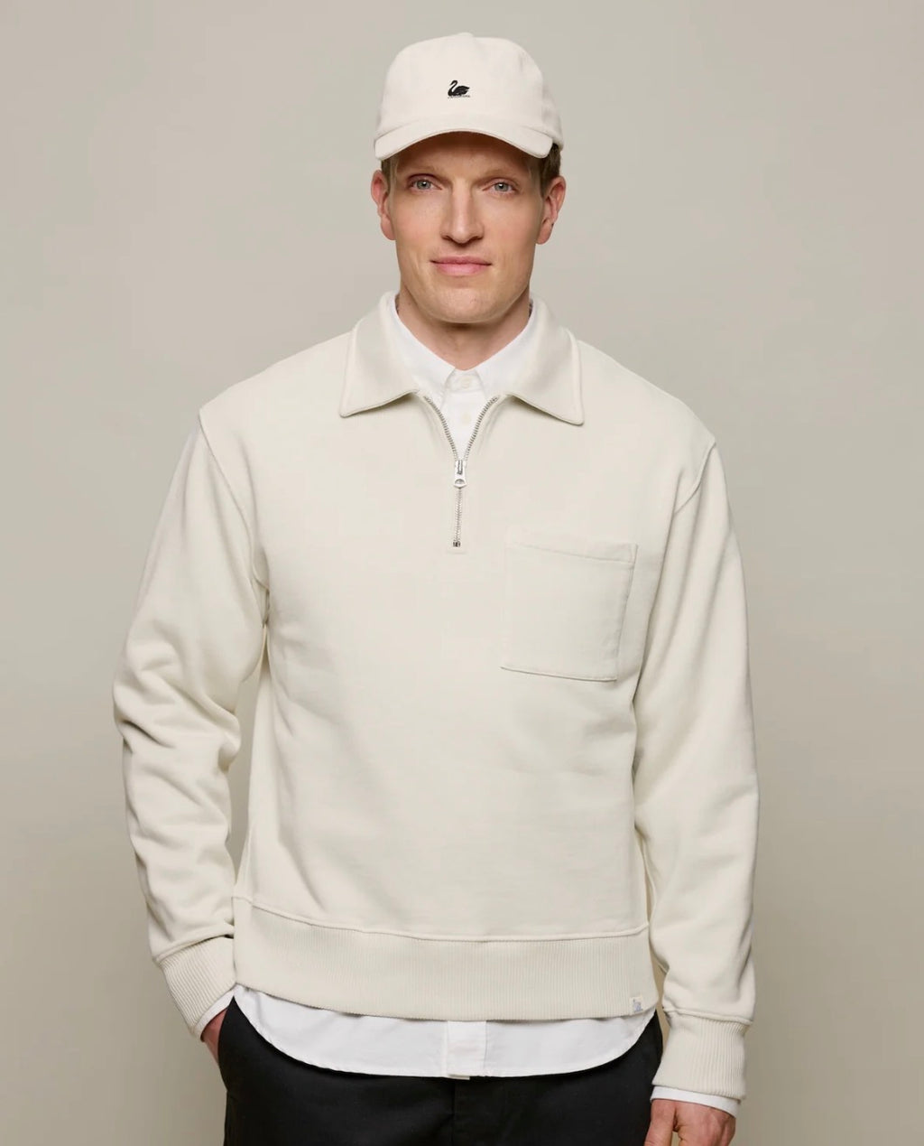 Merz B. Schwanen Authentic Fleece Quarter Zip Cotton Sweatshirt in Nature