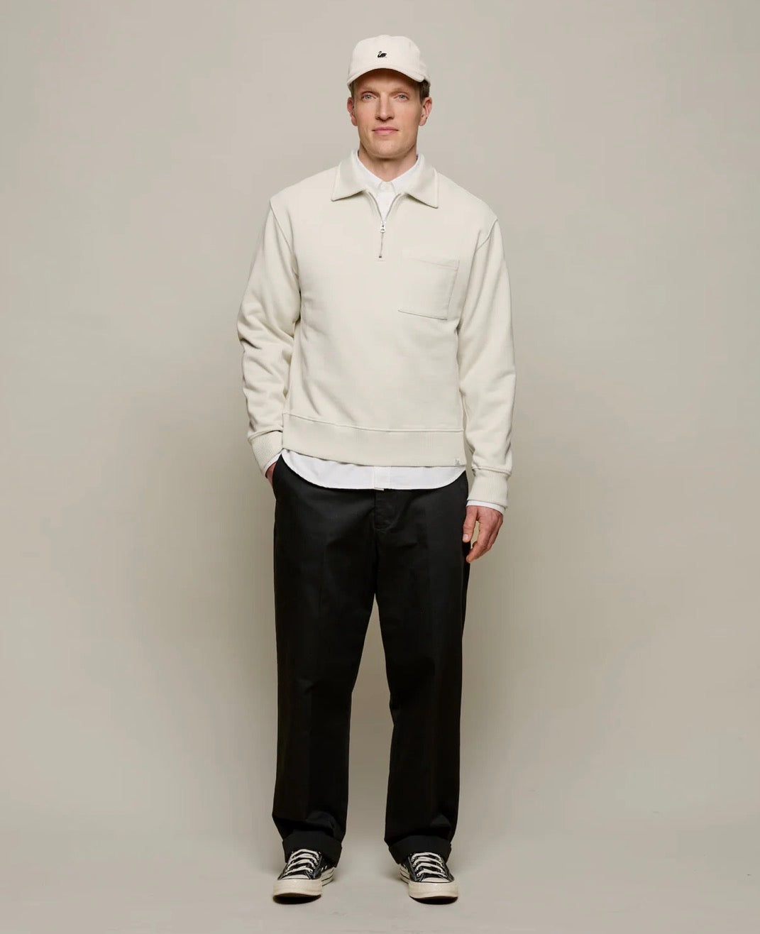 Merz B. Schwanen Authentic Fleece Quarter Zip Cotton Sweatshirt in Nature