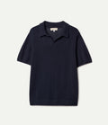 Merz b. Schwanen dark navy short sleeve organic cotton knitted polo shirt with button placket