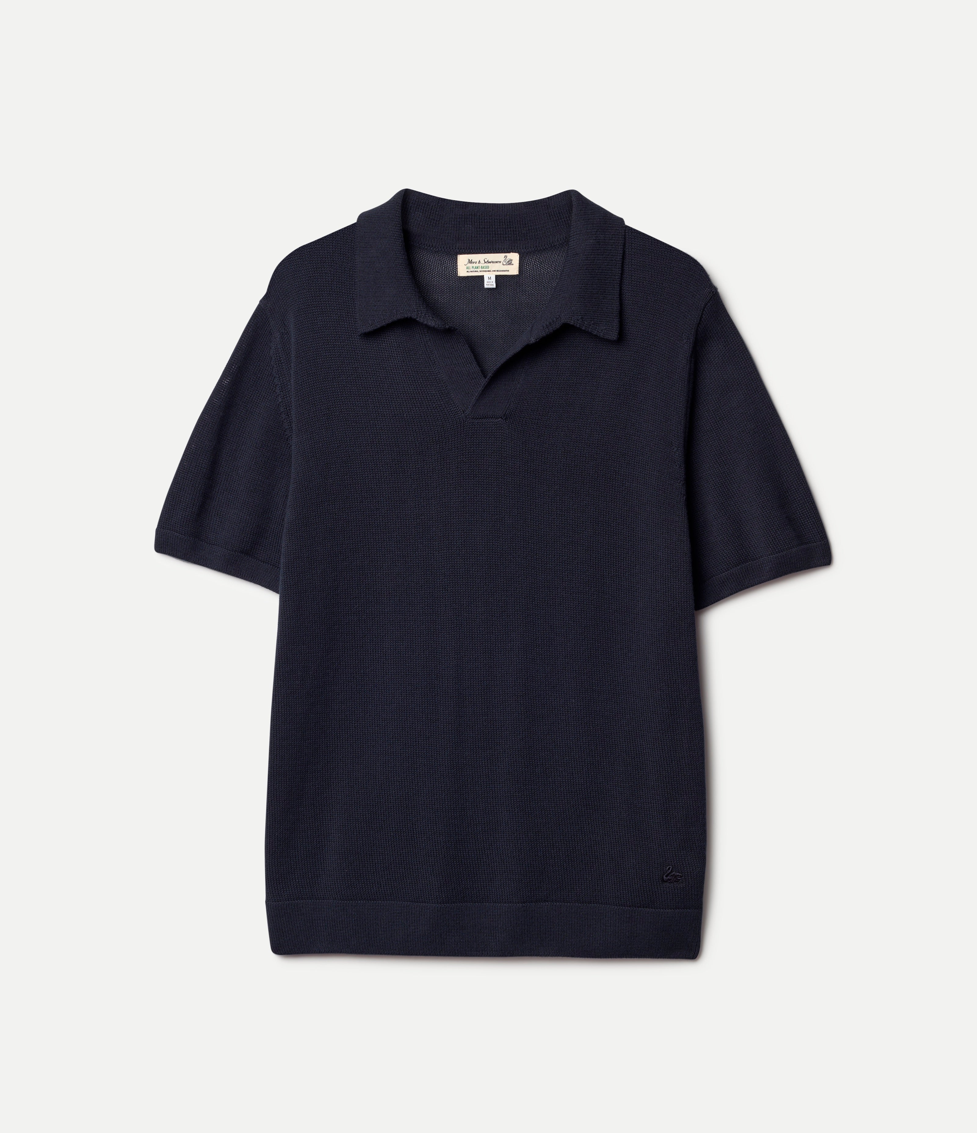 Merz b. Schwanen Cotton Knitted Short Sleeve Polo in Dark Navy