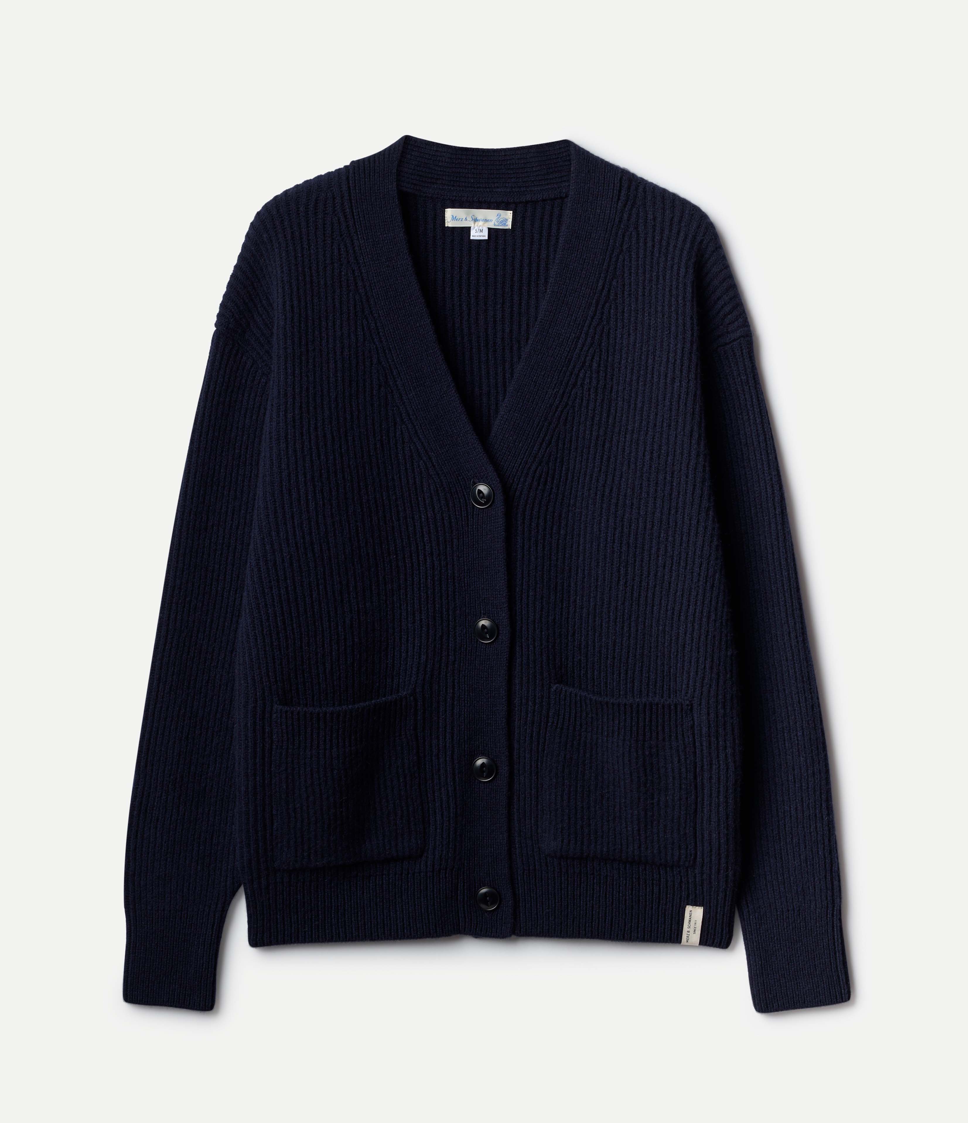 Merz B. Schwanen Men's Ribbed Merino Cashmere Cardigan in Navy