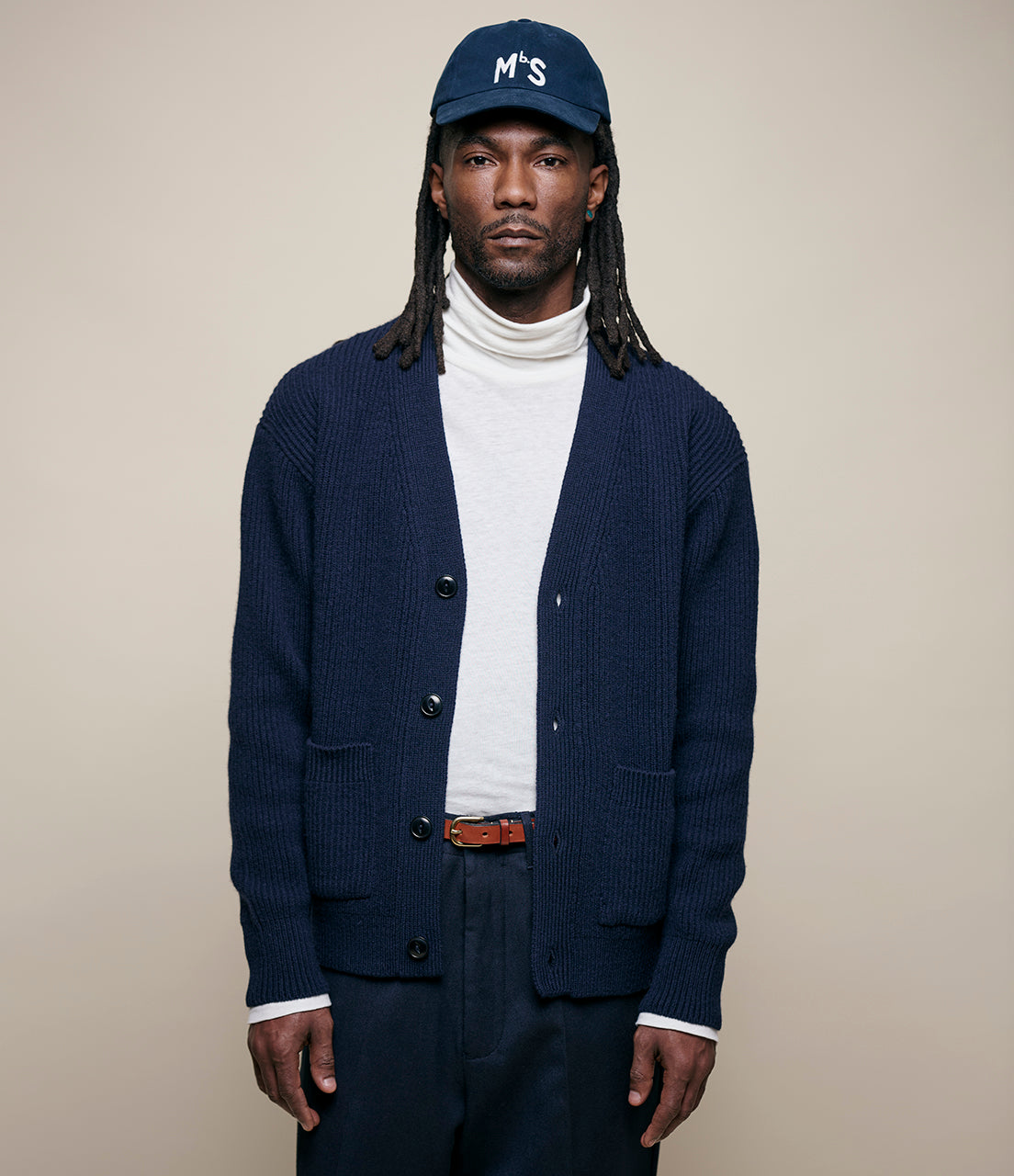 Merz B. Schwanen Men's Ribbed Merino Cashmere Cardigan in Navy