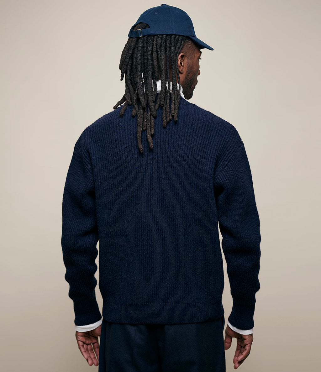 Merz B. Schwanen Men's Ribbed Merino Cashmere Cardigan in Navy