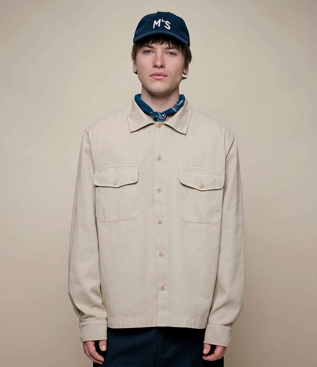 Merz b. Schwanen Worker's Cotton Twill Long Sleeve Shirt in Light Khaki