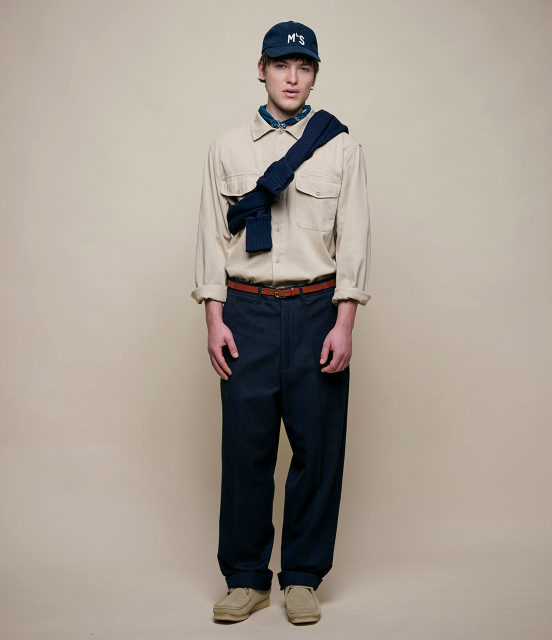 Merz b. Schwanen Worker's Cotton Twill Long Sleeve Shirt in Light Khaki