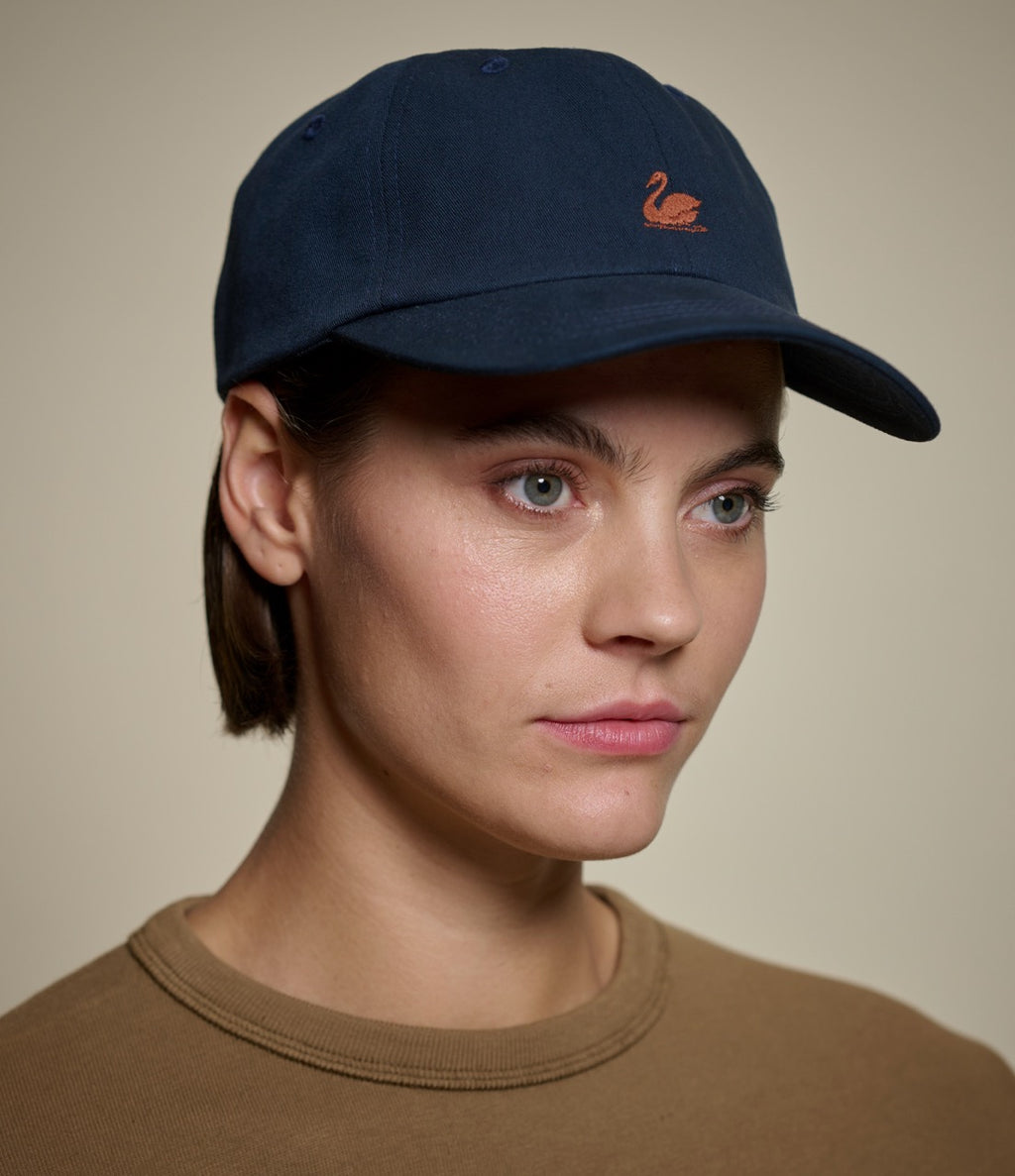 Merz b. Schwanen Swan Logo Cotton Twill Cap in Night Blue/Nut
