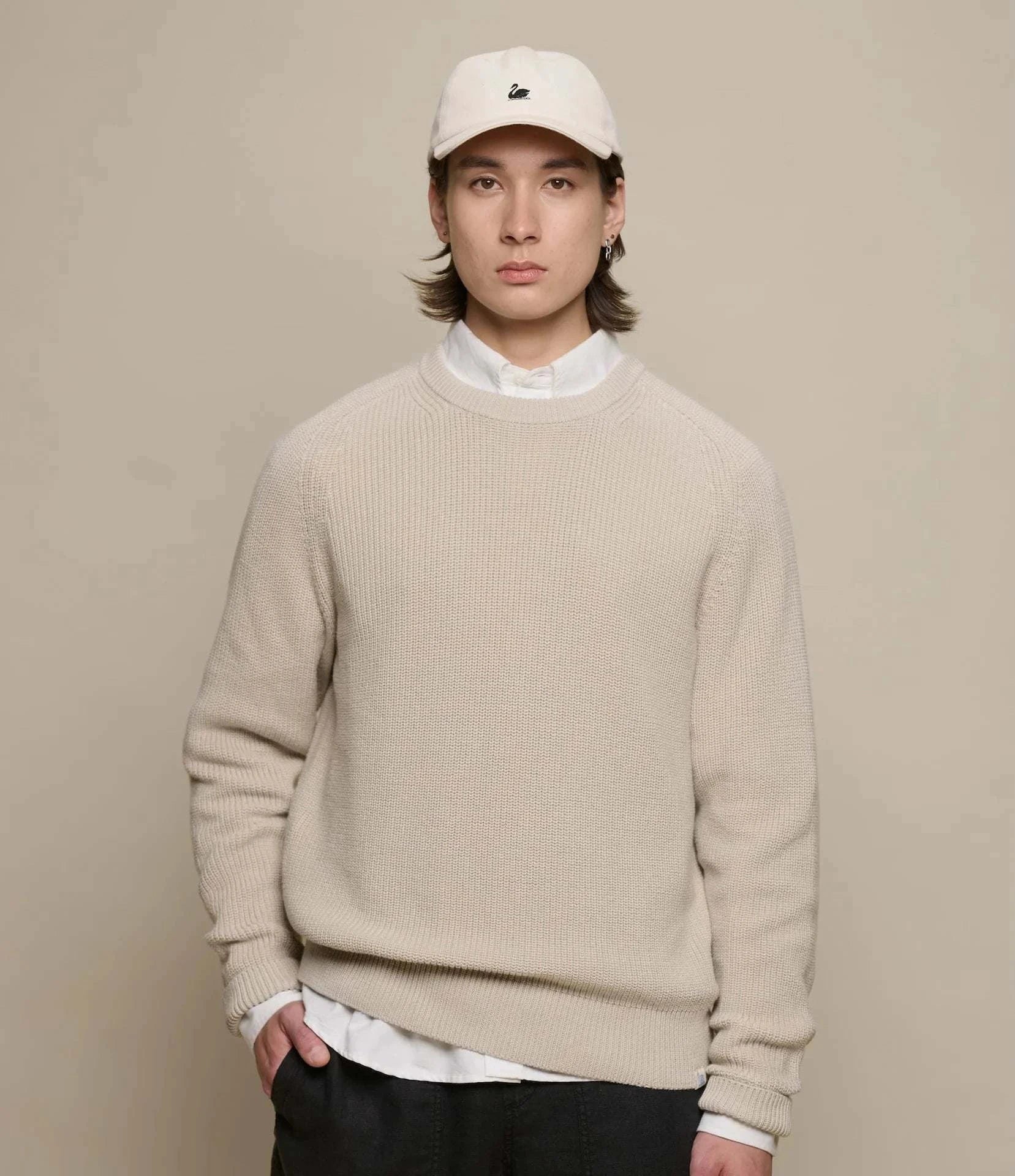 Merz B. Schwanen Men's sand ribbed organic cotton knit pullover with raglan sleeves and crew neck