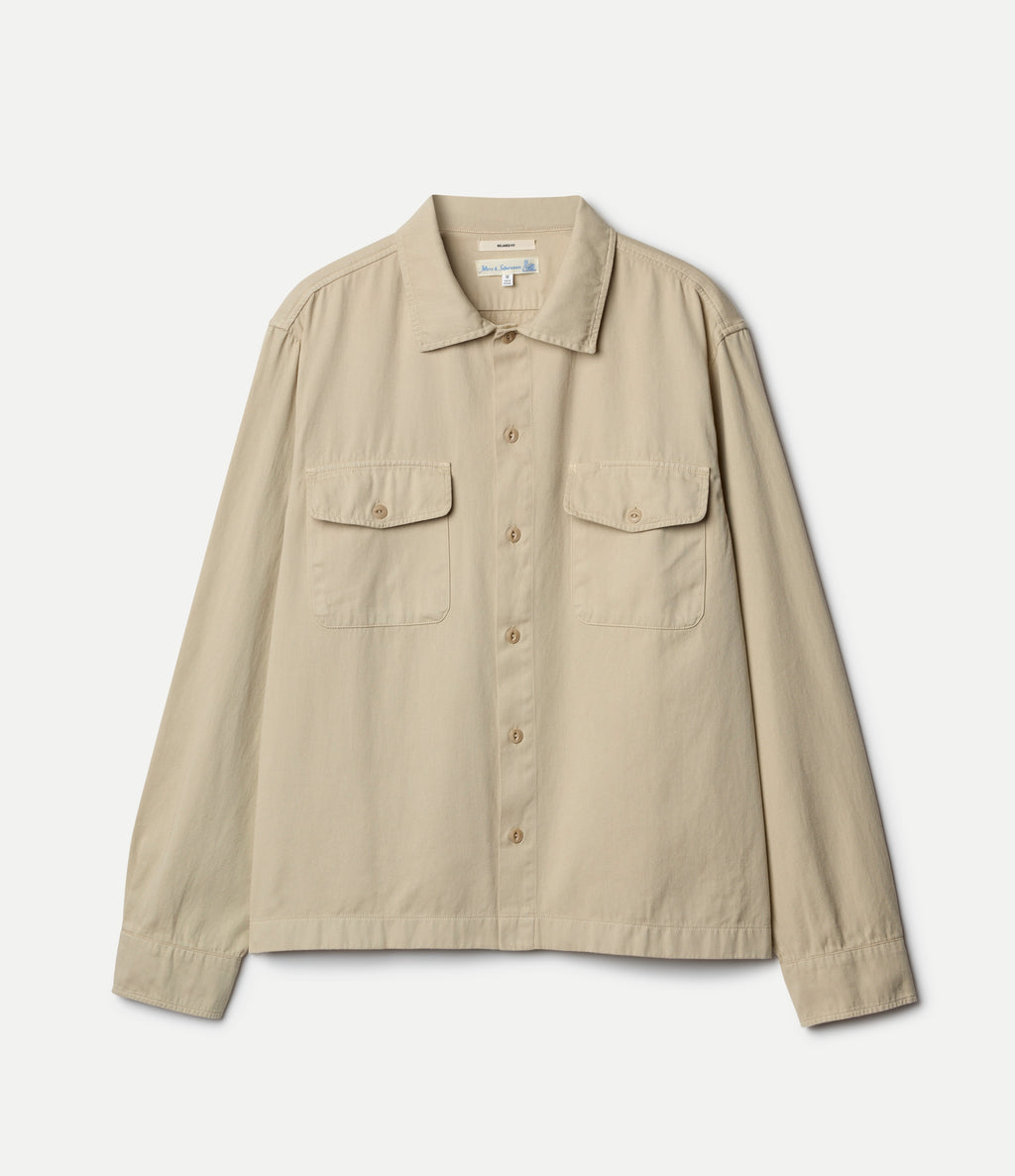 Merz b. Schwanen Worker's Cotton Twill Long Sleeve Shirt in Light Khaki