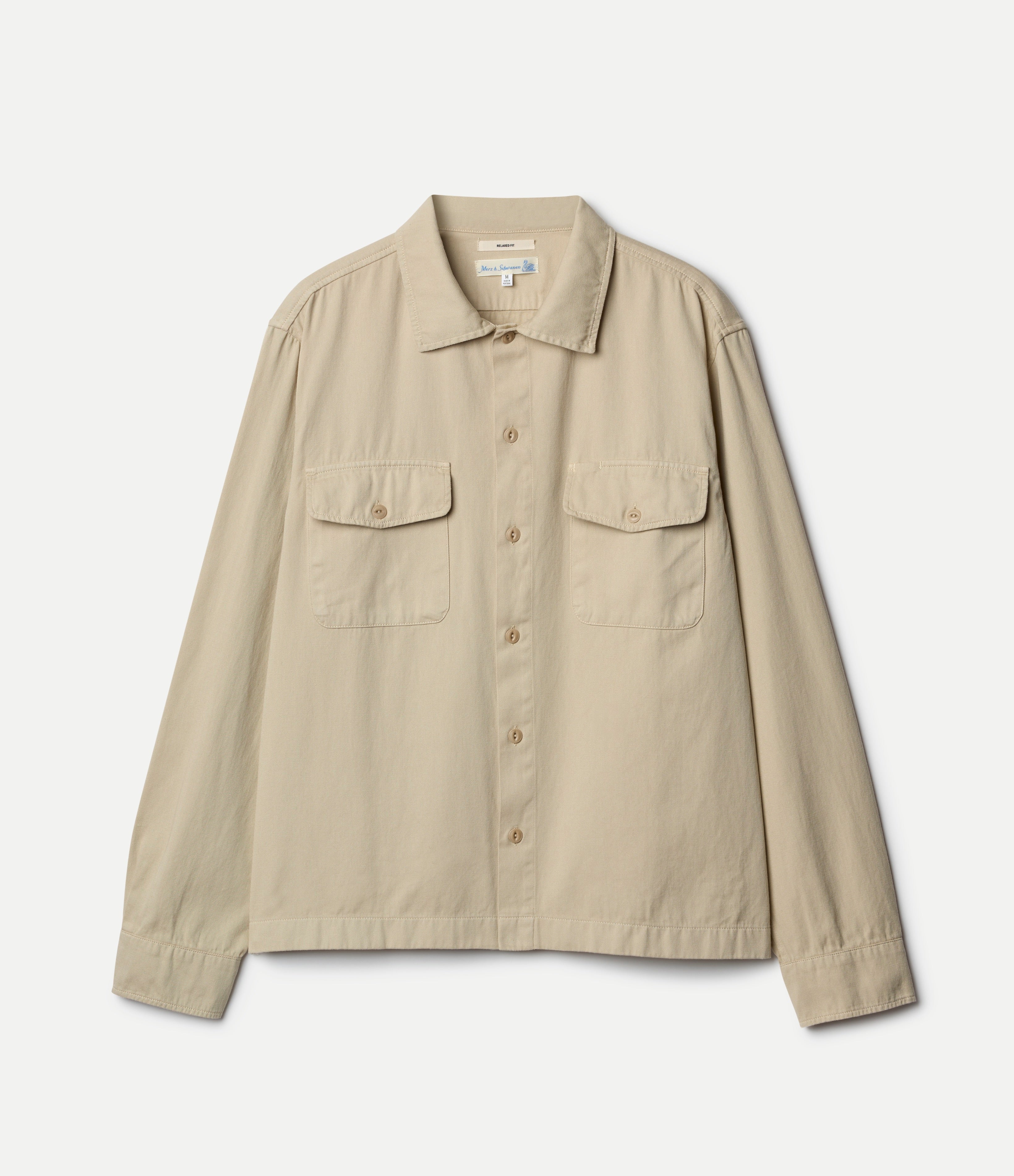 Merz b. Schwanen Worker's Cotton Twill Long Sleeve Shirt in Light Khaki